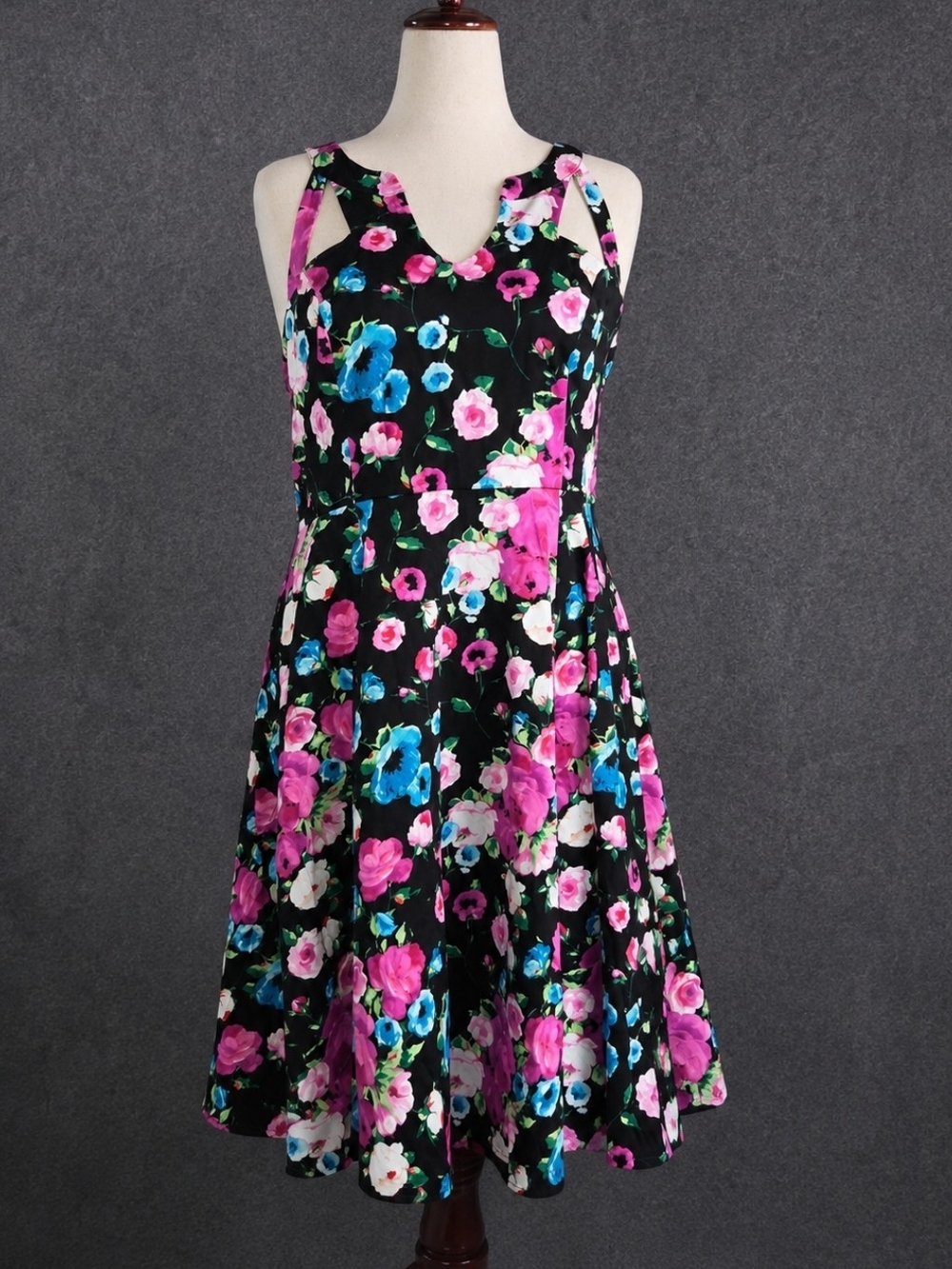Black Floral Midi Dress with Pink & Blue Blooms Size 16 By Hearts And Roses